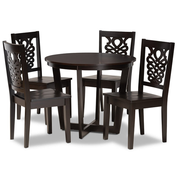 Baxton Studio Baxton Studio Salida 5-Piece Modern Dining Set with Circular Table & Comfortable Geometric Chairs Salida-Dark Brown-5PC Dining Set