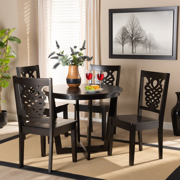 Baxton Studio Baxton Studio Salida 5-Piece Modern Dining Set with Circular Table & Comfortable Geometric Chairs Salida-Dark Brown-5PC Dining Set