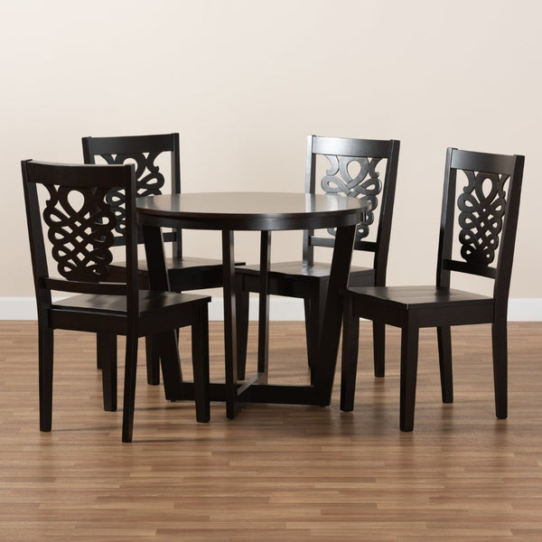 Baxton Studio Baxton Studio Salida 5-Piece Modern Dining Set with Circular Table & Comfortable Geometric Chairs Salida-Dark Brown-5PC Dining Set