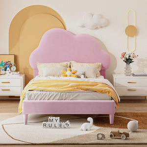 English Elm Twin Size Upholstered Cloud-Shape Bed ,Velvet Platform Bed With Headboard,No Box-Spring Needed,Pink