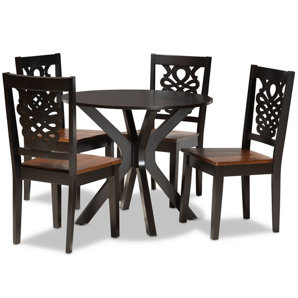 Baxton Studio Baxton Modern Two-Tone Dining Set with Geometric Cut-Outs, Circular Table & Comfortable Chairs Liese 5-Piece Liese-Dark Brown/Walnut-5PC Dining Set