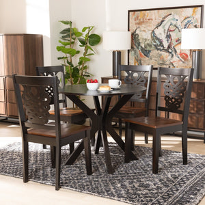 Baxton Studio Baxton Modern Two-Tone Dining Set with Geometric Cut-Outs, Circular Table & Comfortable Chairs Liese 5-Piece Liese-Dark Brown/Walnut-5PC Dining Set