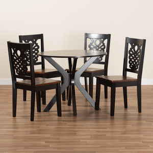 Baxton Studio Baxton Modern Two-Tone Dining Set with Geometric Cut-Outs, Circular Table & Comfortable Chairs Liese 5-Piece Liese-Dark Brown/Walnut-5PC Dining Set