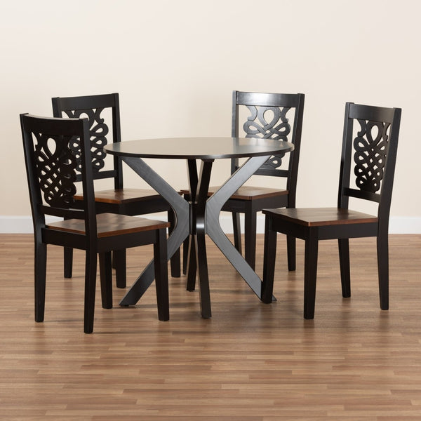 Baxton Studio Baxton Modern Two-Tone Dining Set with Geometric Cut-Outs, Circular Table & Comfortable Chairs Liese 5-Piece Liese-Dark Brown/Walnut-5PC Dining Set