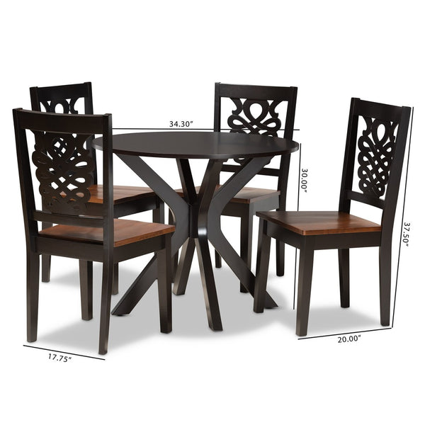 Baxton Studio Baxton Modern Two-Tone Dining Set with Geometric Cut-Outs, Circular Table & Comfortable Chairs Liese 5-Piece Liese-Dark Brown/Walnut-5PC Dining Set