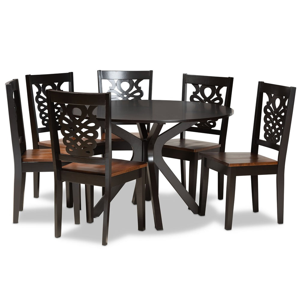 Baxton Studio Baxton Modern Two-Tone Dining Set with Geometric Cut-Outs, Circular Table & Comfortable Chairs Liese 7-Piece Liese-Dark Brown/Walnut-7PC Dining Set