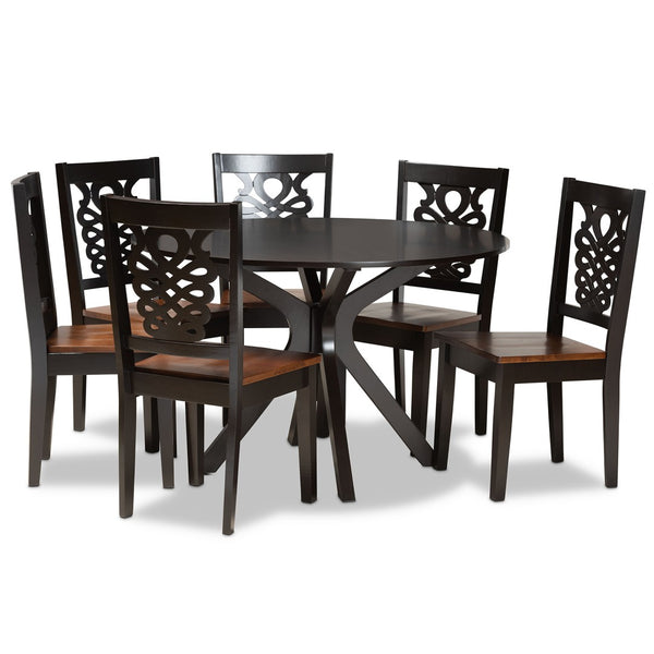 Baxton Studio Baxton Modern Two-Tone Dining Set with Geometric Cut-Outs, Circular Table & Comfortable Chairs Liese 7-Piece Liese-Dark Brown/Walnut-7PC Dining Set