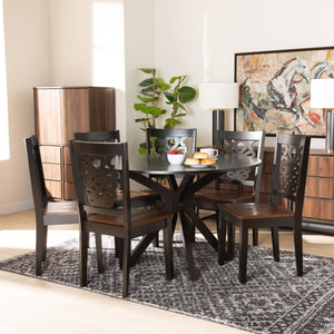 Baxton Studio Baxton Modern Two-Tone Dining Set with Geometric Cut-Outs, Circular Table & Comfortable Chairs Liese 7-Piece Liese-Dark Brown/Walnut-7PC Dining Set