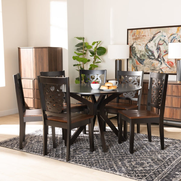 Baxton Studio Baxton Modern Two-Tone Dining Set with Geometric Cut-Outs, Circular Table & Comfortable Chairs Liese 7-Piece Liese-Dark Brown/Walnut-7PC Dining Set