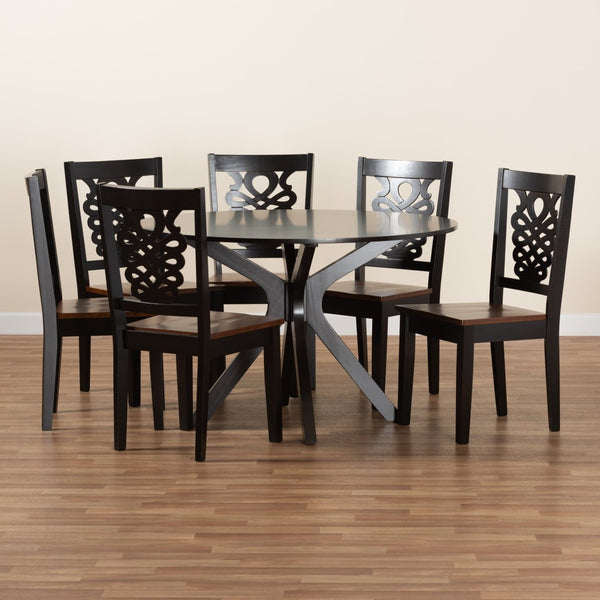 Baxton Studio Baxton Modern Two-Tone Dining Set with Geometric Cut-Outs, Circular Table & Comfortable Chairs Liese 7-Piece Liese-Dark Brown/Walnut-7PC Dining Set