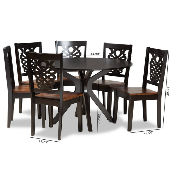 Baxton Studio Baxton Modern Two-Tone Dining Set with Geometric Cut-Outs, Circular Table & Comfortable Chairs Liese 7-Piece Liese-Dark Brown/Walnut-7PC Dining Set