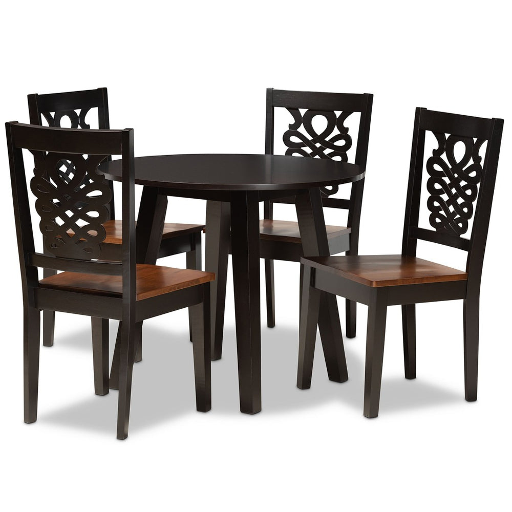 Baxton Studio Baxton Modern 5-Piece Two-Tone Dining Set with Circular Table & Chic Sculpted Chairs for Small Spaces Mina-Dark Brown/Walnut-5PC Dining Set