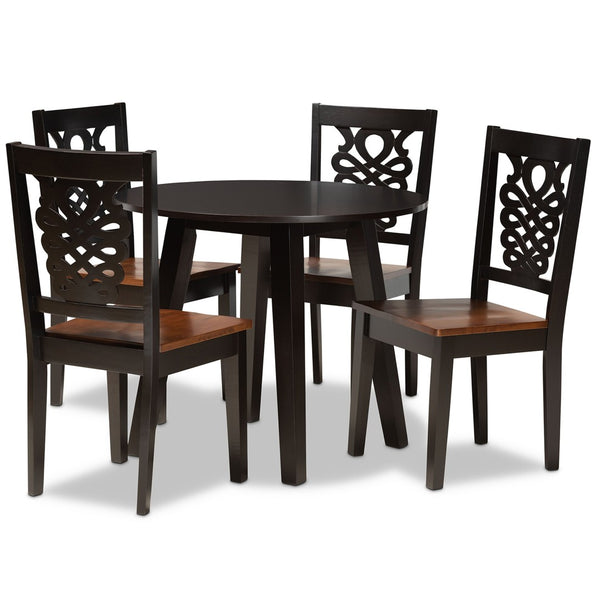 Baxton Studio Baxton Modern 5-Piece Two-Tone Dining Set with Circular Table & Chic Sculpted Chairs for Small Spaces Mina-Dark Brown/Walnut-5PC Dining Set