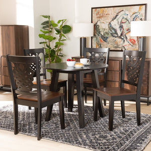 Baxton Studio Baxton Modern 5-Piece Two-Tone Dining Set with Circular Table & Chic Sculpted Chairs for Small Spaces Mina-Dark Brown/Walnut-5PC Dining Set