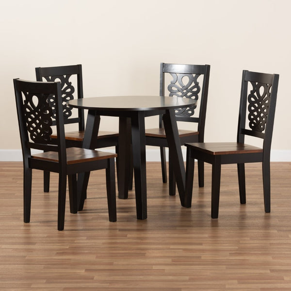 Baxton Studio Baxton Modern 5-Piece Two-Tone Dining Set with Circular Table & Chic Sculpted Chairs for Small Spaces Mina-Dark Brown/Walnut-5PC Dining Set