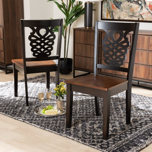 Baxton Studio Baxton Studio Gervais Modern 2-Piece Dining Chair Set - Two-Tone Dark Walnut & Brown Design RH339C-Dark Brown/Walnut Wood Scoop Seat-DC-2PK