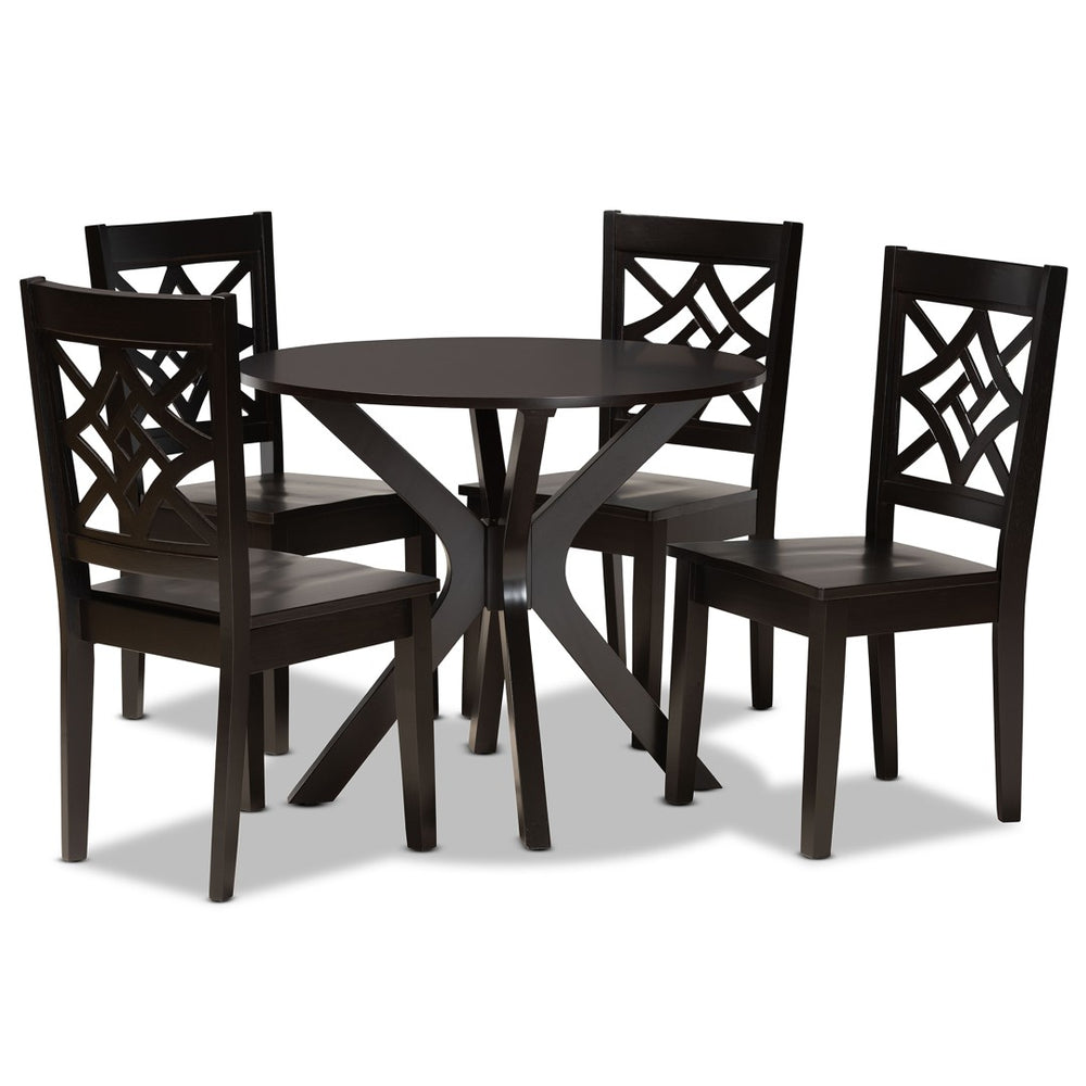 Baxton Studio Baxton Studio Modern 5-Piece Dining Set with Circular Table and Geometric Cut-Out Chairs for Comfort Miela Dark 5-Piece Miela-Dark Brown-5PC Dining Set