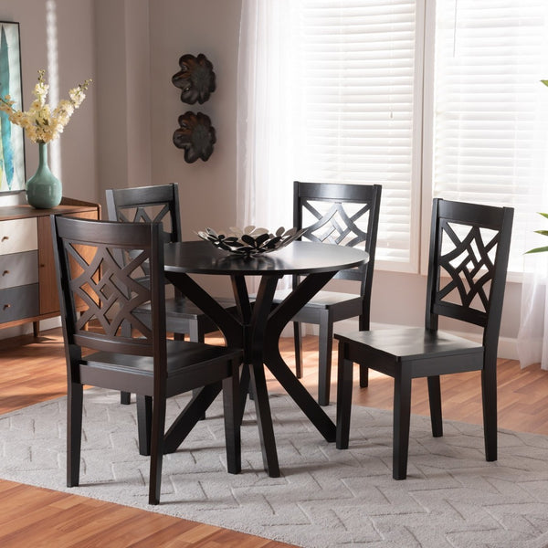 Baxton Studio Baxton Studio Modern 5-Piece Dining Set with Circular Table and Geometric Cut-Out Chairs for Comfort Miela Dark 5-Piece Miela-Dark Brown-5PC Dining Set