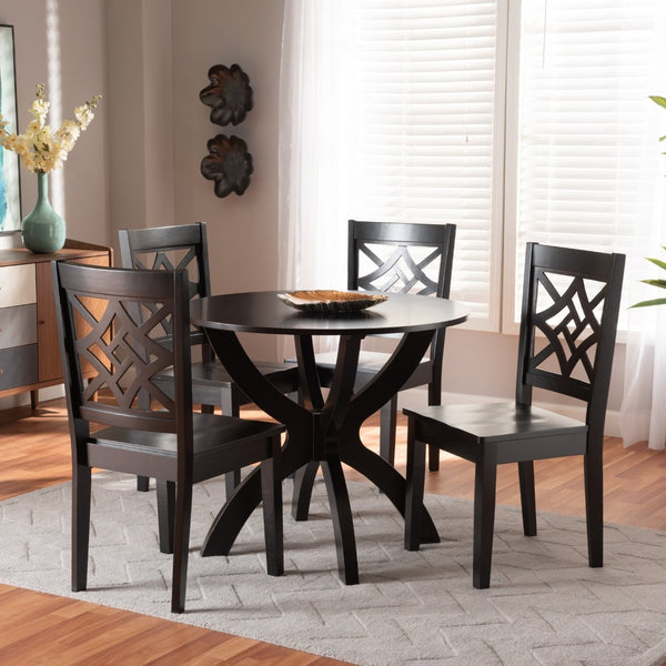 Baxton Studio Baxton Studio Elegant Dark Brown 5-Piece Dining Set with Modern Circular Table & Sculpted Chairs Anila-Dark Brown-5PC Dining Set