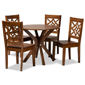 Baxton Studio Baxton Studio Modern 5-Piece Dining Set with Circular Table and Geometric Cut-Out Chairs for Comfort Miela Walnut 5-Piece Miela-Walnut-5PC Dining Set