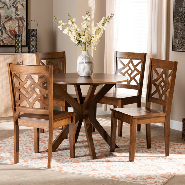 Baxton Studio Baxton Studio Modern 5-Piece Dining Set with Circular Table and Geometric Cut-Out Chairs for Comfort Miela Walnut 5-Piece Miela-Walnut-5PC Dining Set