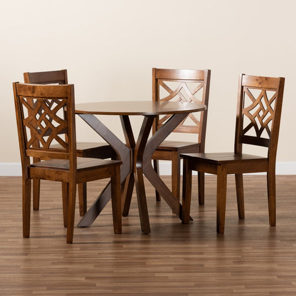 Baxton Studio Baxton Studio Modern 5-Piece Dining Set with Circular Table and Geometric Cut-Out Chairs for Comfort Miela Walnut 5-Piece Miela-Walnut-5PC Dining Set