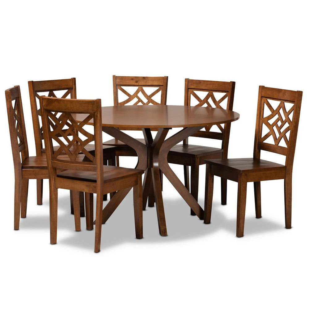 Baxton Studio Baxton Miela 7-Piece Walnut Brown Dining Set – Modern Round Table & 6 Stylish Chairs for All Spaces Miela-Walnut-7PC Dining Set