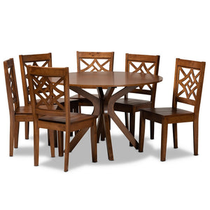Baxton Studio Baxton Miela 7-Piece Walnut Brown Dining Set – Modern Round Table & 6 Stylish Chairs for All Spaces Miela-Walnut-7PC Dining Set