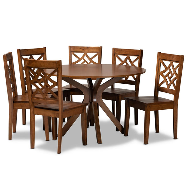 Baxton Studio Baxton Miela 7-Piece Walnut Brown Dining Set – Modern Round Table & 6 Stylish Chairs for All Spaces Miela-Walnut-7PC Dining Set