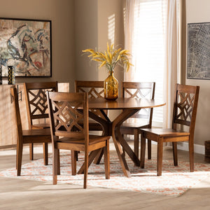 Baxton Studio Baxton Miela 7-Piece Walnut Brown Dining Set – Modern Round Table & 6 Stylish Chairs for All Spaces Miela-Walnut-7PC Dining Set