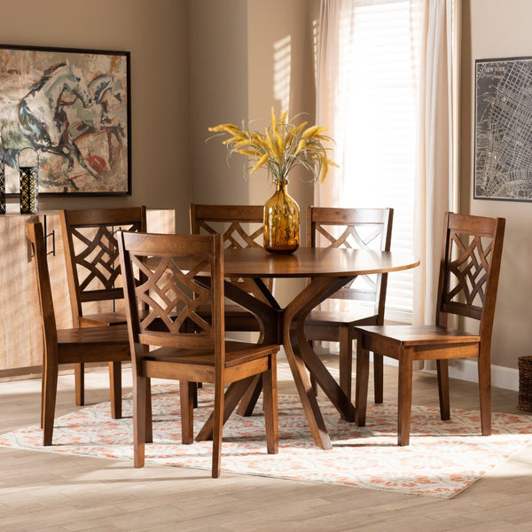Baxton Studio Baxton Miela 7-Piece Walnut Brown Dining Set – Modern Round Table & 6 Stylish Chairs for All Spaces Miela-Walnut-7PC Dining Set