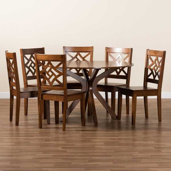 Baxton Studio Baxton Miela 7-Piece Walnut Brown Dining Set – Modern Round Table & 6 Stylish Chairs for All Spaces Miela-Walnut-7PC Dining Set