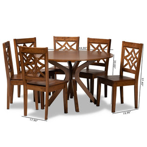 Baxton Studio Baxton Miela 7-Piece Walnut Brown Dining Set – Modern Round Table & 6 Stylish Chairs for All Spaces Miela-Walnut-7PC Dining Set
