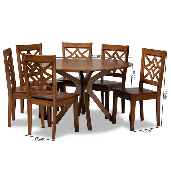 Baxton Studio Baxton Miela 7-Piece Walnut Brown Dining Set – Modern Round Table & 6 Stylish Chairs for All Spaces Miela-Walnut-7PC Dining Set