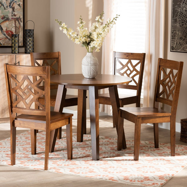 Baxton Studio Baxton Studio Rava 5-Piece Walnut Brown Dining Set - Modern Circular Table & Scoop Chairs for Comfort Rava-Walnut-5PC Dining Set