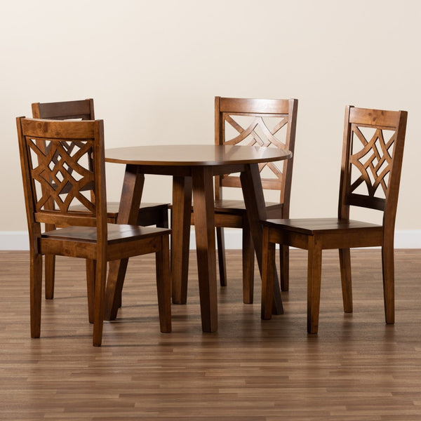 Baxton Studio Baxton Studio Rava 5-Piece Walnut Brown Dining Set - Modern Circular Table & Scoop Chairs for Comfort Rava-Walnut-5PC Dining Set