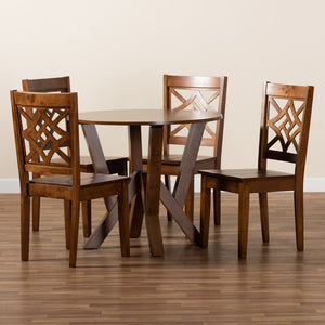 Baxton Studio Baxton Kaila Modern 5-Piece Walnut Brown Dining Set with Geometric Chairs for Stylish Dining Spaces Kaila-Walnut-5PC Dining Set