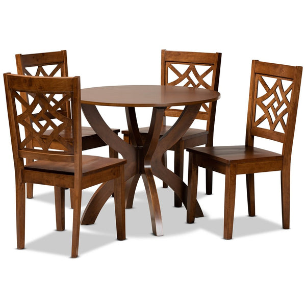 Baxton Studio Baxton Anila Modern Walnut Brown 5-Piece Dining Set with Stylish Scoop Seats and Geometric Backs Anila-Walnut-5PC Dining Set