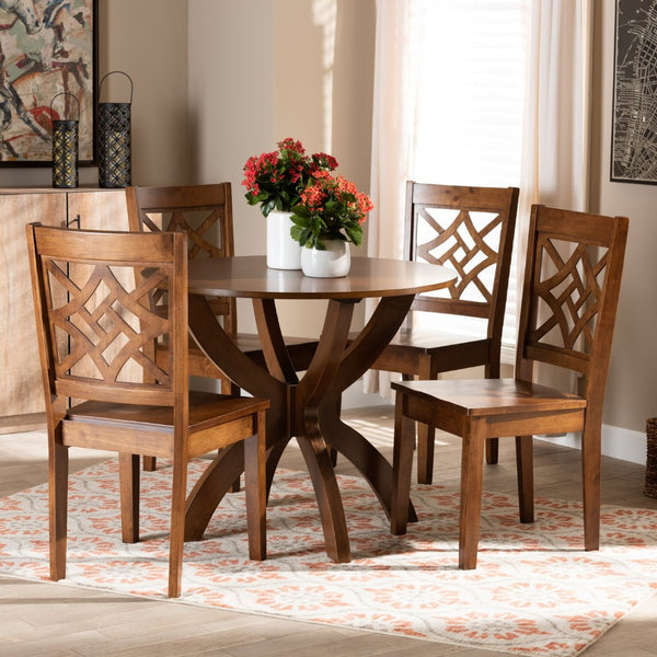 Baxton Studio Baxton Anila Modern Walnut Brown 5-Piece Dining Set with Stylish Scoop Seats and Geometric Backs Anila-Walnut-5PC Dining Set