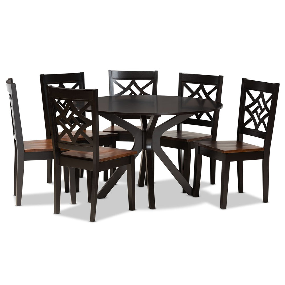 Baxton Studio Baxton Miela 7-Piece Modern Two-Tone Dining Set with Circular Table & Geometric Chair Design, Stylish Comfort Miela-Dark Brown/Walnut-7PC Dining Set