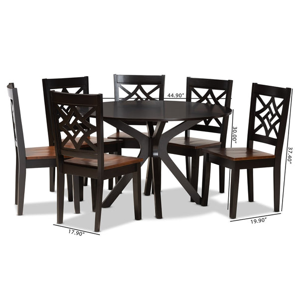 Baxton Studio Baxton Miela 7-Piece Modern Two-Tone Dining Set with Circular Table & Geometric Chair Design, Stylish Comfort Miela-Dark Brown/Walnut-7PC Dining Set