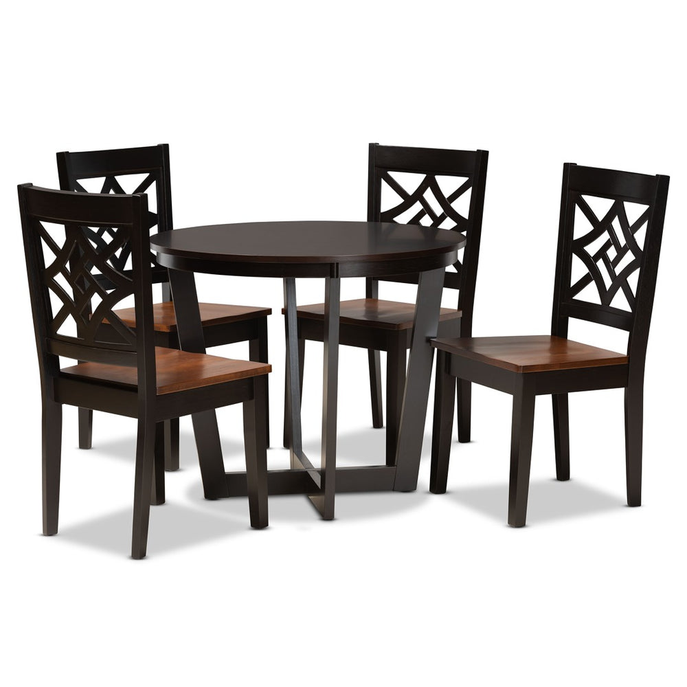 Baxton Studio Baxton Brava Modern 5-Piece Dining Set - Two-Tone Dark Brown & Walnut Wood, Round Table & Chairs Brava-Dark Brown/Walnut-5PC Dining Set