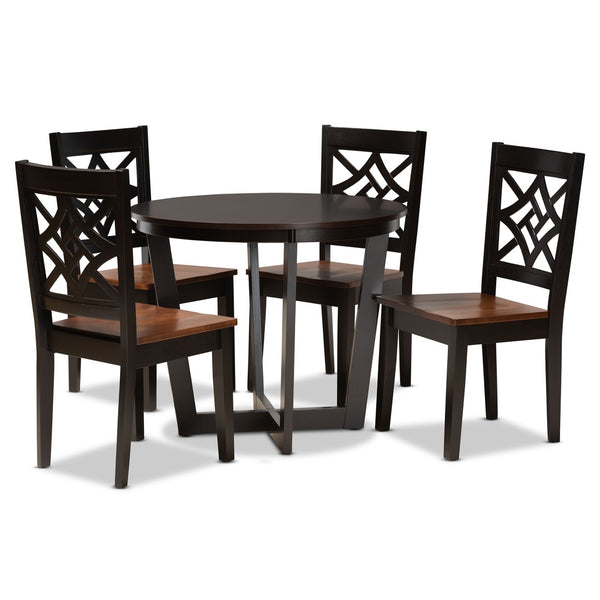 Baxton Studio Baxton Brava Modern 5-Piece Dining Set - Two-Tone Dark Brown & Walnut Wood, Round Table & Chairs Brava-Dark Brown/Walnut-5PC Dining Set