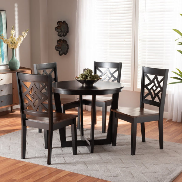 Baxton Studio Baxton Brava Modern 5-Piece Dining Set - Two-Tone Dark Brown & Walnut Wood, Round Table & Chairs Brava-Dark Brown/Walnut-5PC Dining Set