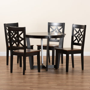 Baxton Studio Baxton Brava Modern 5-Piece Dining Set - Two-Tone Dark Brown & Walnut Wood, Round Table & Chairs Brava-Dark Brown/Walnut-5PC Dining Set
