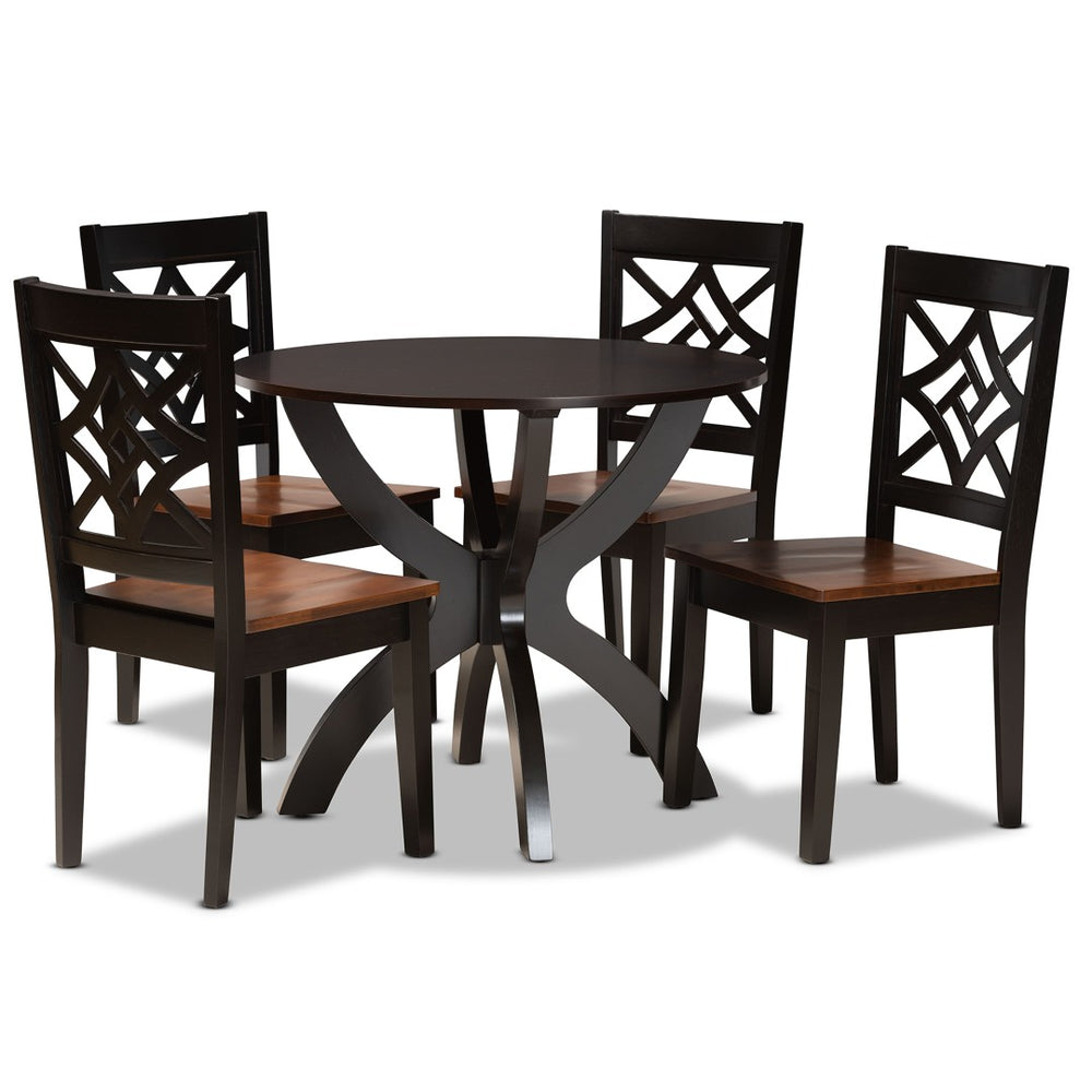 Baxton Studio Baxton Studio 5-Piece Modern Two-Tone Wood Dining Set – Stylish Round Table & Geometric Chairs Anila-Dark Brown/Walnut-5PC Dining Set