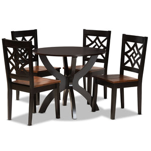 Baxton Studio Baxton Studio 5-Piece Modern Two-Tone Wood Dining Set – Stylish Round Table & Geometric Chairs Anila-Dark Brown/Walnut-5PC Dining Set