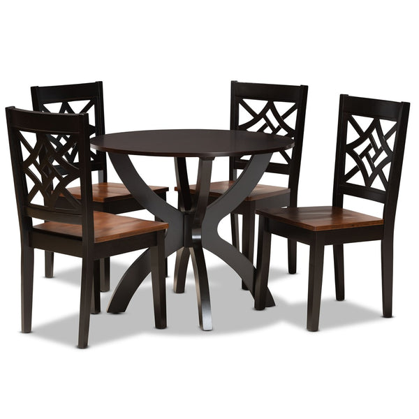 Baxton Studio Baxton Studio 5-Piece Modern Two-Tone Wood Dining Set – Stylish Round Table & Geometric Chairs Anila-Dark Brown/Walnut-5PC Dining Set