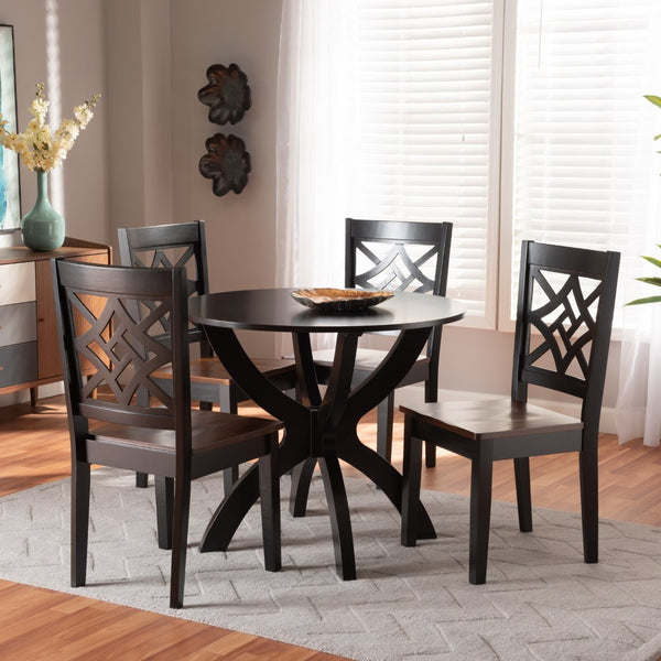 Baxton Studio Baxton Studio 5-Piece Modern Two-Tone Wood Dining Set – Stylish Round Table & Geometric Chairs Anila-Dark Brown/Walnut-5PC Dining Set