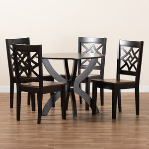 Baxton Studio Baxton Studio 5-Piece Modern Two-Tone Wood Dining Set – Stylish Round Table & Geometric Chairs Anila-Dark Brown/Walnut-5PC Dining Set